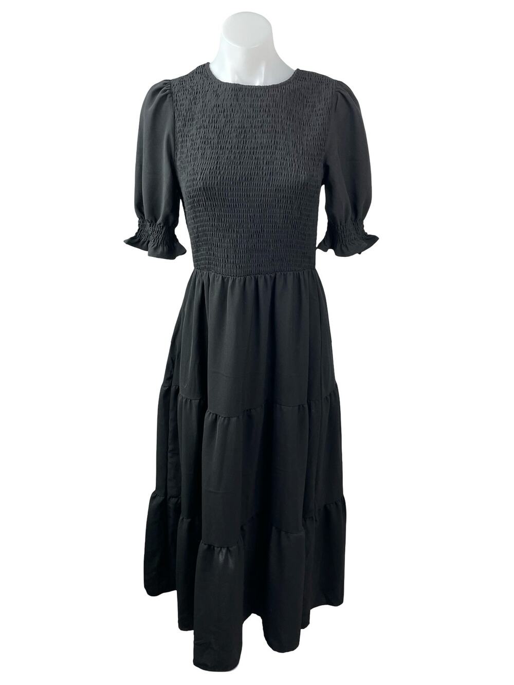 BTFBM Women Black Smocked Tiered Half Puff Sleeve Midi Maxi Flare A-Line Dress S